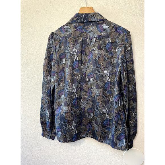 VTG Pykettes Grandmacore Leaf Floral Print Ribbon Neckline Button Up Top Size 12 - Picture 5 of 9